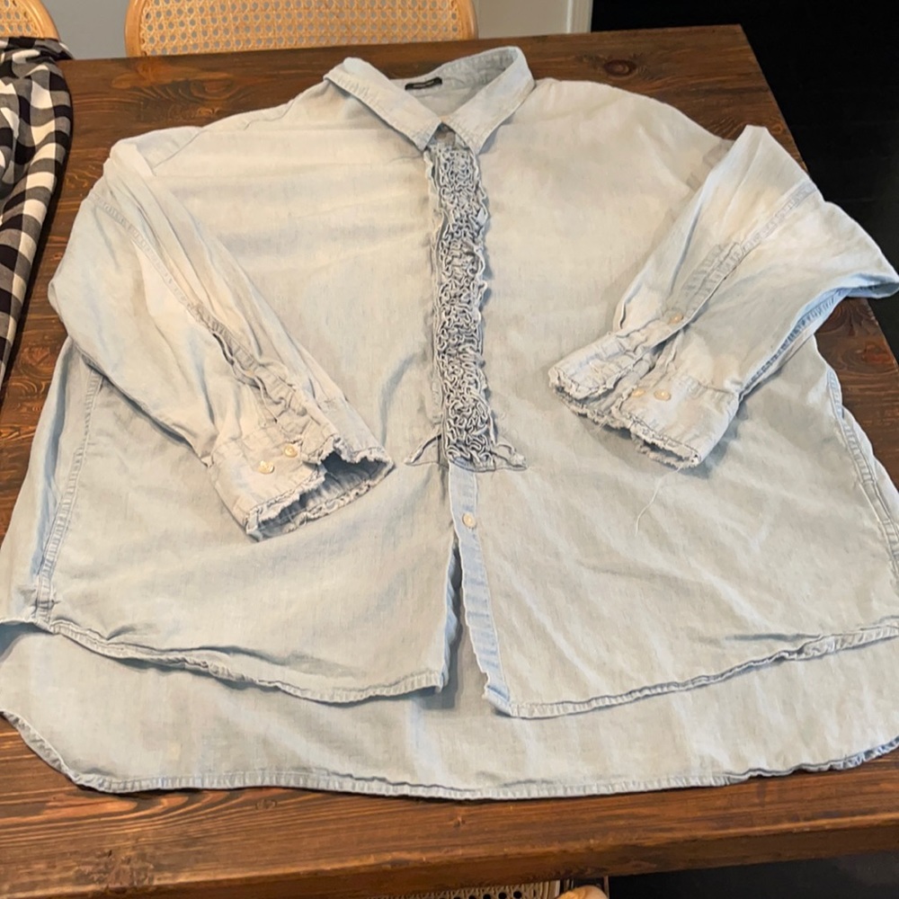 R13 gently worn ruffle oversized denim shirt